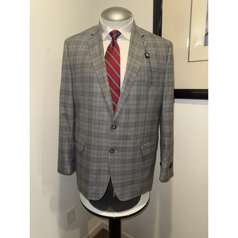 Ralph Lauren Blazer Sport Coat Jacket Men Lexington 46L Light  Gray Plaid